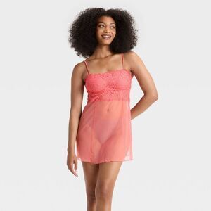 Auden - Women's Straight Neck Lingerie Babydoll Slip Dress Coral